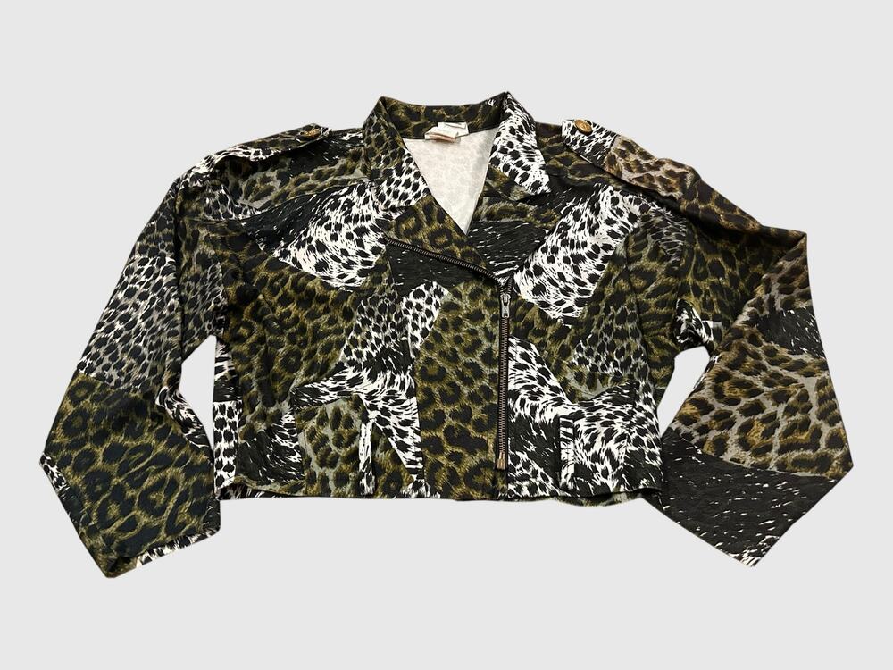 Vintage 80s Leopard Animal Print Cropped Moto Jacket Asym Zip Medium USA -